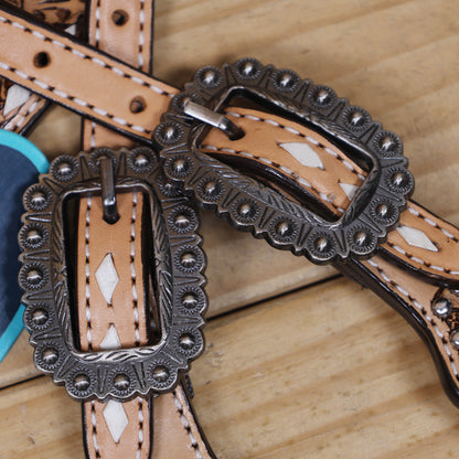 Western Horse Headstall and Breast Collar Decorated with Flower Carving, Nickel Studs, Rawhide Buck Stitching, and Flower Shape Conchos MOUSM