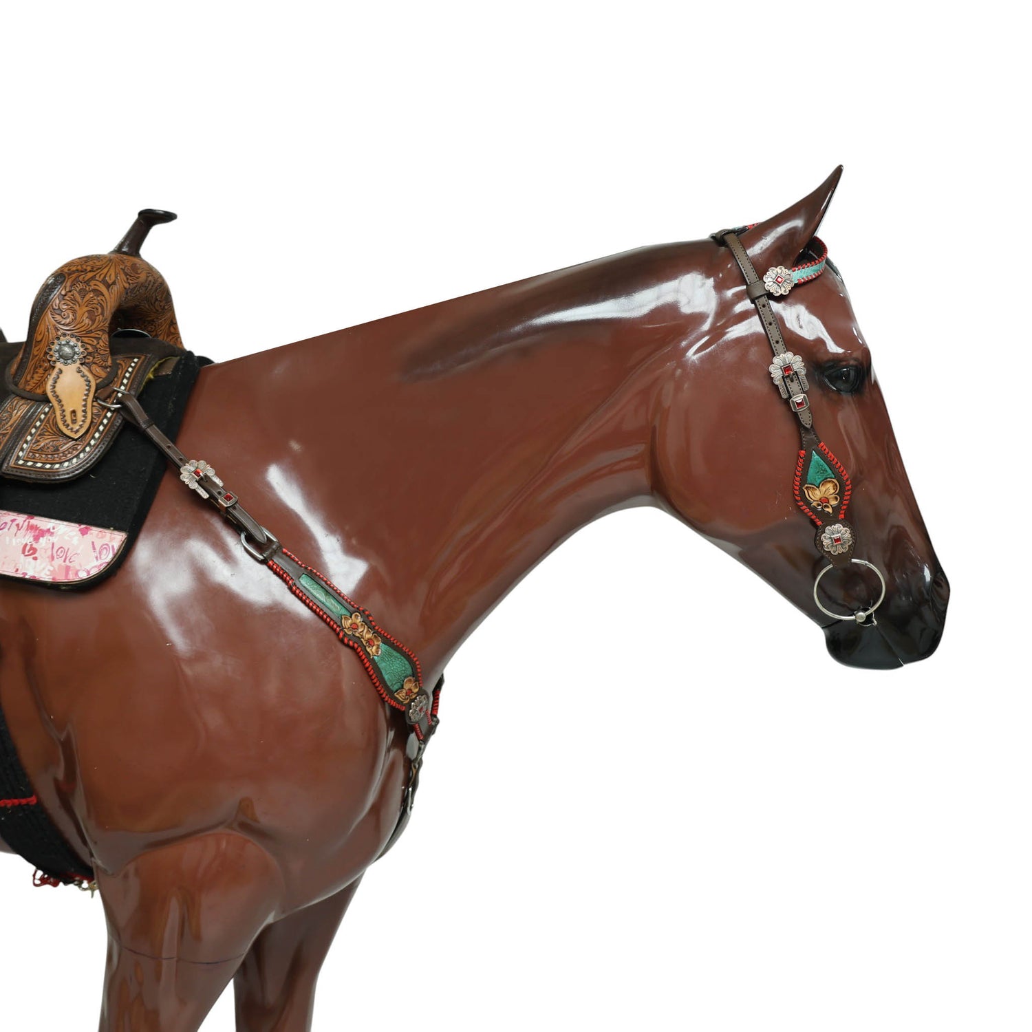 Western Breast Collar and Headstall Set Decorated with Red Rawhide Whip Stitching, Flower Carving, Turquoise Inlay, and Red Jewel Conchos MOUSM