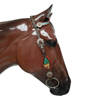 Western Breast Collar and Headstall Set Decorated with Red Rawhide Whip Stitching, Flower Carving, Turquoise Inlay, and Red Jewel Conchos MOUSM