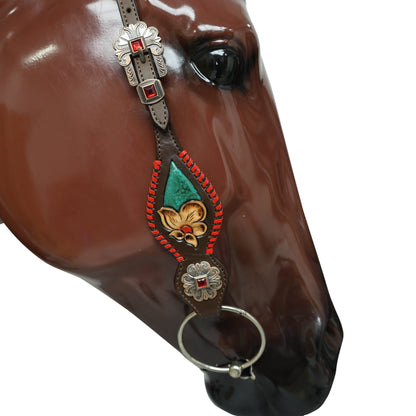 Western Breast Collar and Headstall Set Decorated with Red Rawhide Whip Stitching, Flower Carving, Turquoise Inlay, and Red Jewel Conchos MOUSM