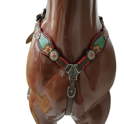 Western Breast Collar and Headstall Set Decorated with Red Rawhide Whip Stitching, Flower Carving, Turquoise Inlay, and Red Jewel Conchos MOUSM