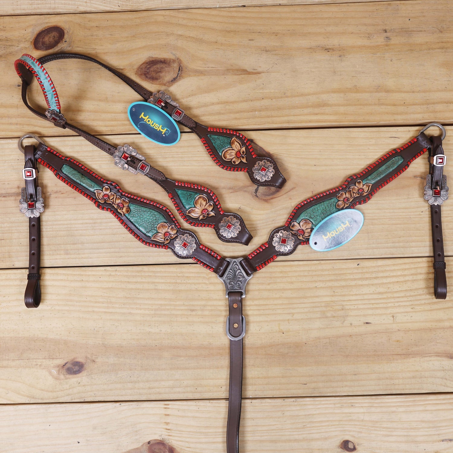 Western Breast Collar and Headstall Set Decorated with Red Rawhide Whip Stitching, Flower Carving, Turquoise Inlay, and Red Jewel Conchos MOUSM