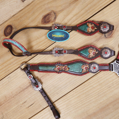 Western Breast Collar and Headstall Set Decorated with Red Rawhide Whip Stitching, Flower Carving, Turquoise Inlay, and Red Jewel Conchos MOUSM