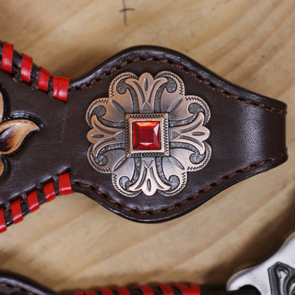 Western Breast Collar and Headstall Set Decorated with Red Rawhide Whip Stitching, Flower Carving, Turquoise Inlay, and Red Jewel Conchos MOUSM