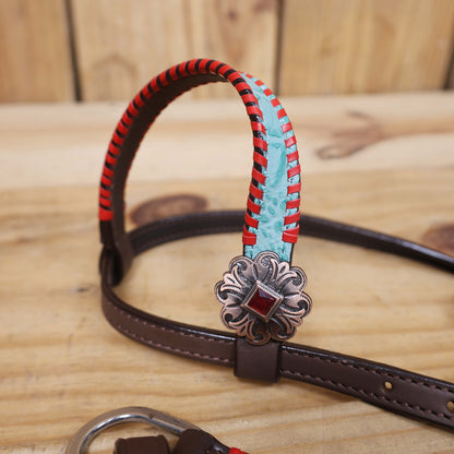 Western Breast Collar and Headstall Set Decorated with Red Rawhide Whip Stitching, Flower Carving, Turquoise Inlay, and Red Jewel Conchos MOUSM