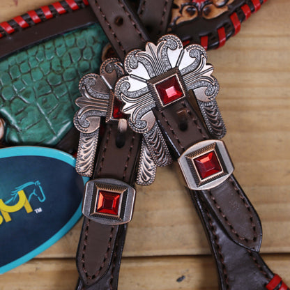 Western Breast Collar and Headstall Set Decorated with Red Rawhide Whip Stitching, Flower Carving, Turquoise Inlay, and Red Jewel Conchos MOUSM