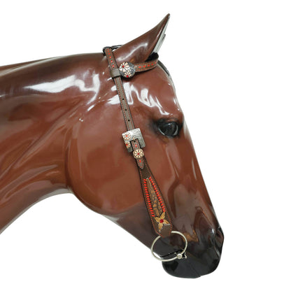 Western Headstall Set with Alligator Skin Textured Inlay and Red Rawhide Whip Stitching, Red Jewel Flower Carving and Two-Tone Hardware MOUSM