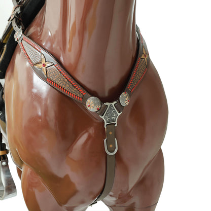 Western Headstall Set with Alligator Skin Textured Inlay and Red Rawhide Whip Stitching, Red Jewel Flower Carving and Two-Tone Hardware MOUSM