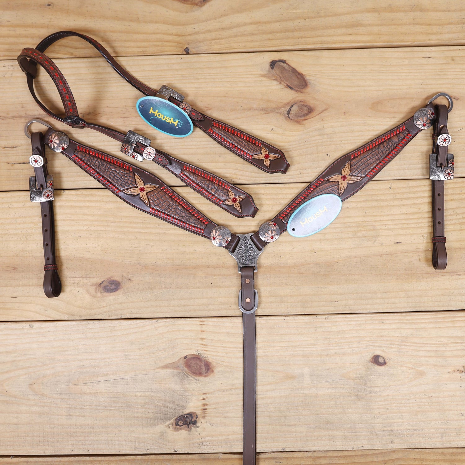 Western Headstall Set with Alligator Skin Textured Inlay and Red Rawhide Whip Stitching, Red Jewel Flower Carving and Two-Tone Hardware MOUSM