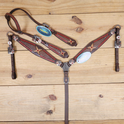 Western Headstall Set with Alligator Skin Textured Inlay and Red Rawhide Whip Stitching, Red Jewel Flower Carving and Two-Tone Hardware MOUSM