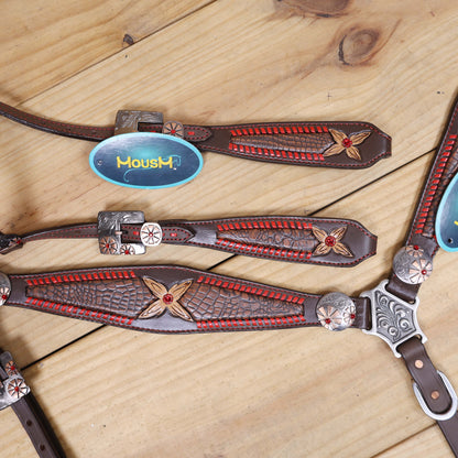 Western Headstall Set with Alligator Skin Textured Inlay and Red Rawhide Whip Stitching, Red Jewel Flower Carving and Two-Tone Hardware MOUSM