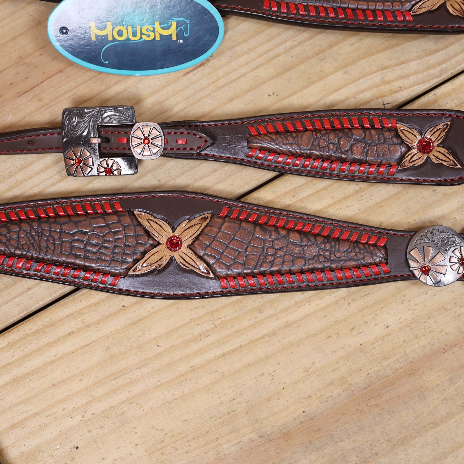 Western Headstall Set with Alligator Skin Textured Inlay and Red Rawhide Whip Stitching, Red Jewel Flower Carving and Two-Tone Hardware MOUSM
