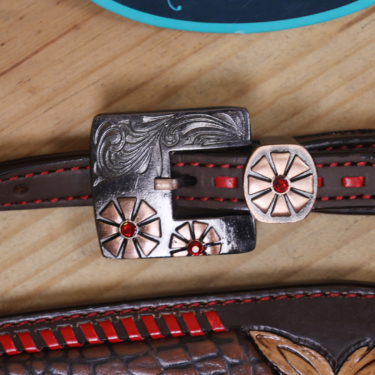 Alligator Skin Textured and Red Jewel Flower Carving Horse Tack