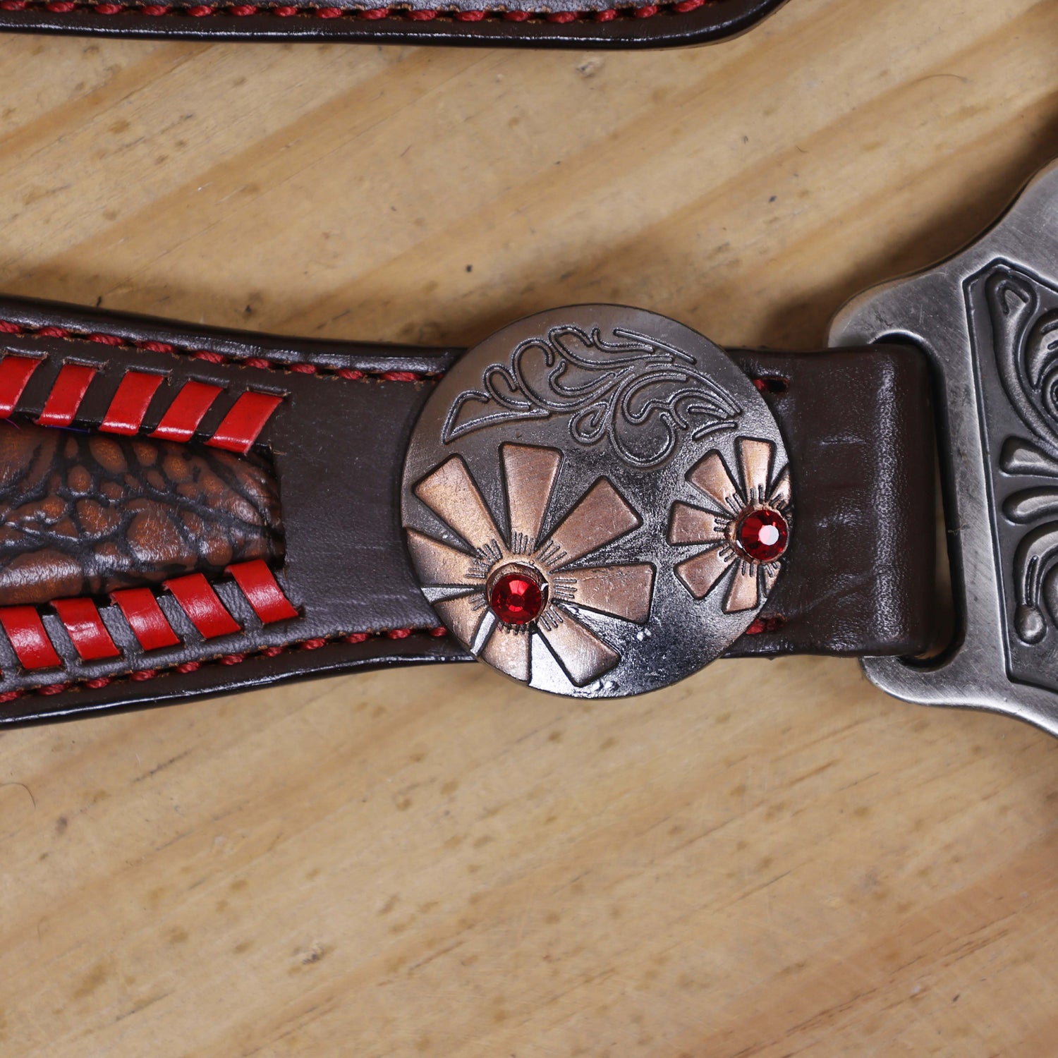 Western Headstall Set with Alligator Skin Textured Inlay and Red Rawhide Whip Stitching, Red Jewel Flower Carving and Two-Tone Hardware MOUSM