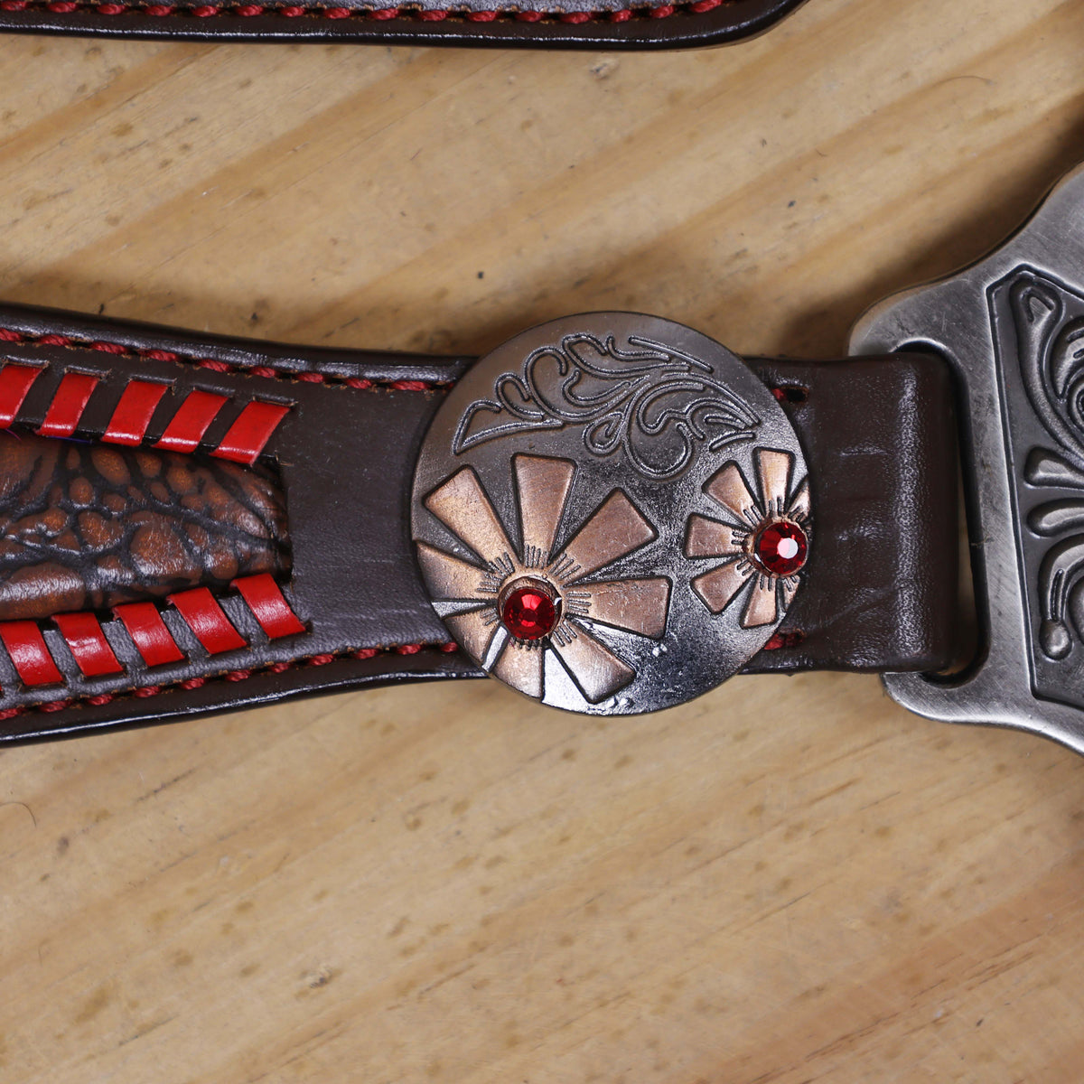 Alligator Skin Textured and Red Jewel Flower Carving Horse Tack