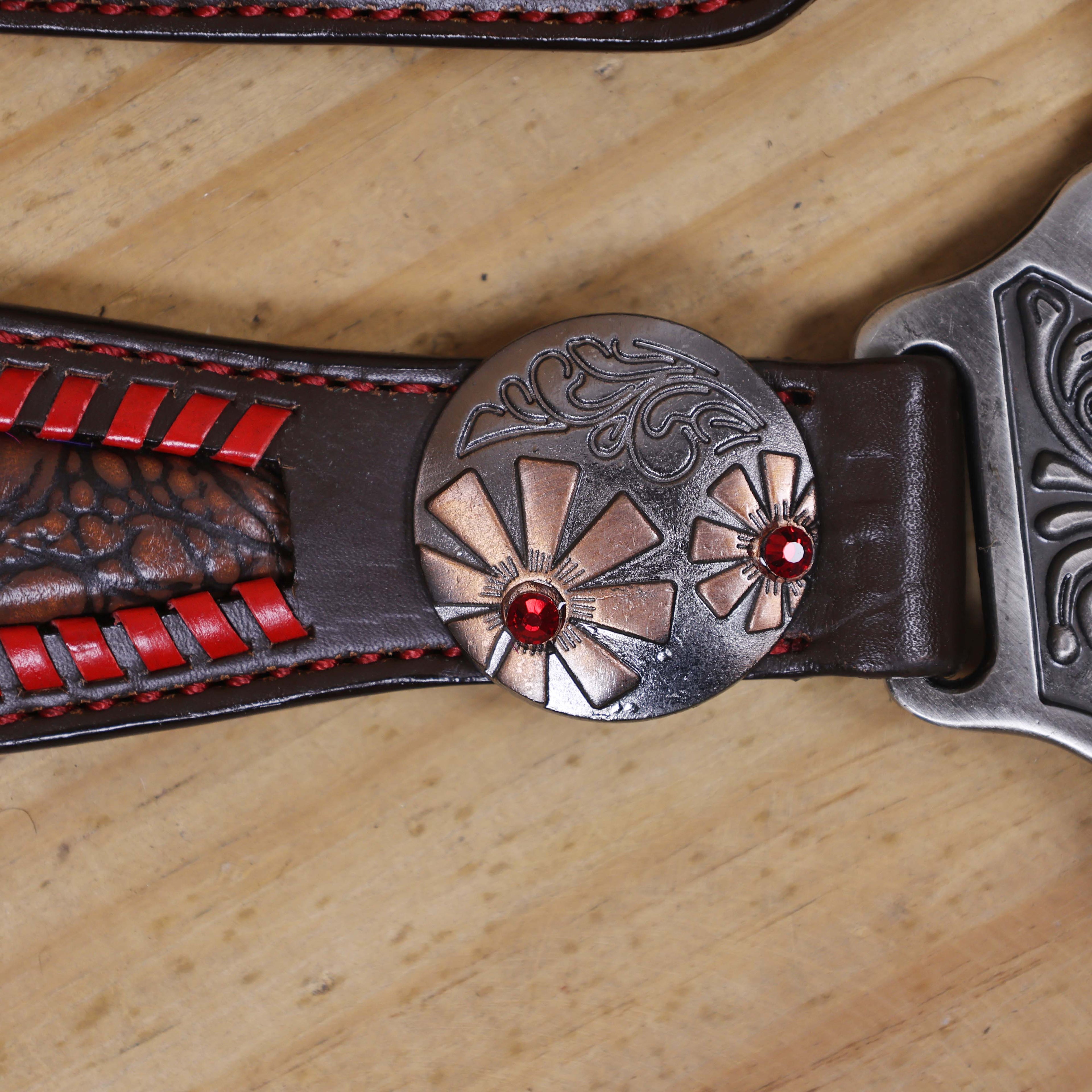 Western Headstall Set with Alligator Skin Textured Inlay and Red Rawhide Whip Stitching, Red Jewel Flower Carving and Two-Tone Hardware MOUSM