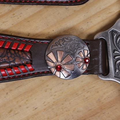 Western Headstall Set with Alligator Skin Textured Inlay and Red Rawhide Whip Stitching, Red Jewel Flower Carving and Two-Tone Hardware MOUSM