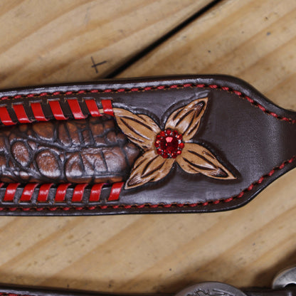 Western Headstall Set with Alligator Skin Textured Inlay and Red Rawhide Whip Stitching, Red Jewel Flower Carving and Two-Tone Hardware MOUSM