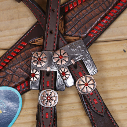Western Headstall Set with Alligator Skin Textured Inlay and Red Rawhide Whip Stitching, Red Jewel Flower Carving and Two-Tone Hardware MOUSM