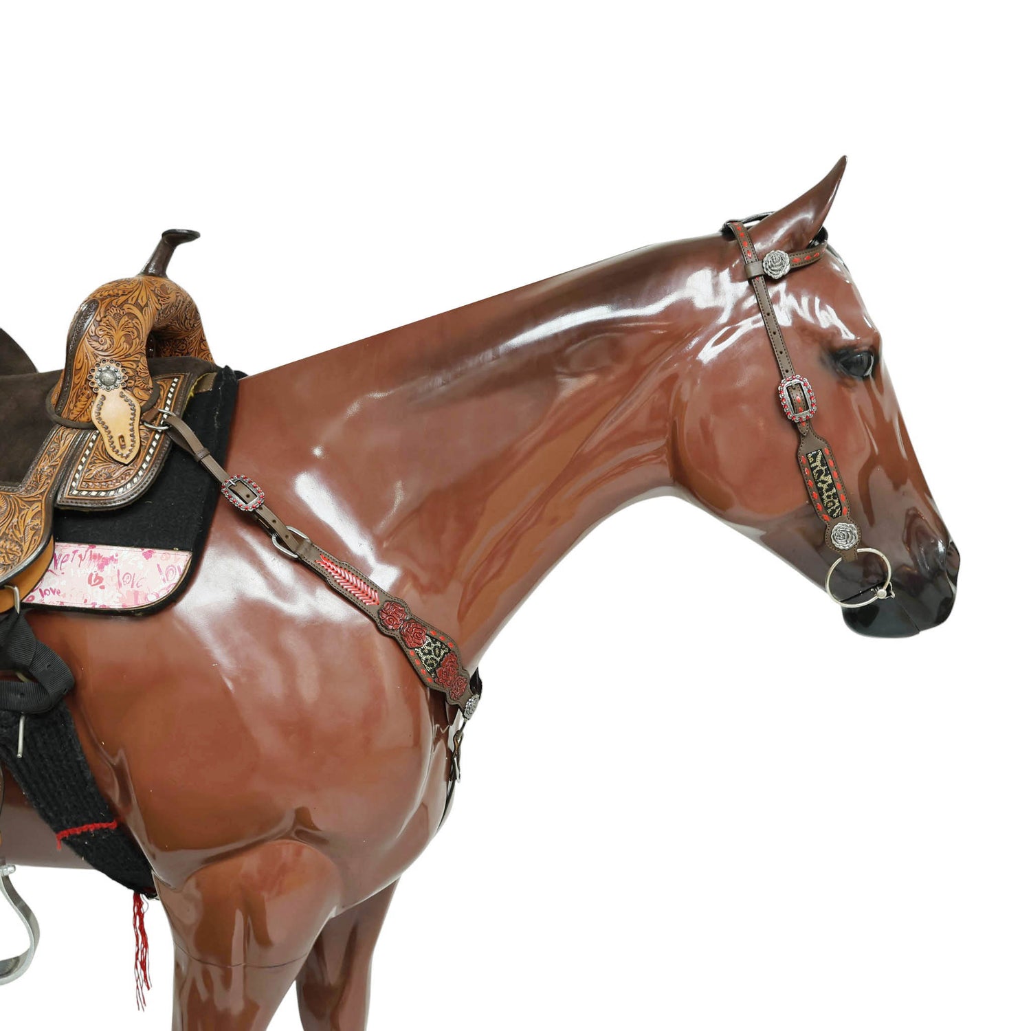 Leather Headstall and Breast Collar Set with Rose Carving, Metallic Leopard Inlay, and Arrow Style Rawhide Braided Breast Collar with Rose Concho MOUSM