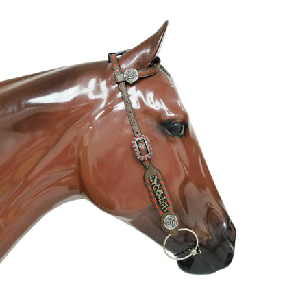 Leather Headstall and Breast Collar Set with Rose Carving, Metallic Leopard Inlay, and Arrow Style Rawhide Braided Breast Collar with Rose Concho MOUSM