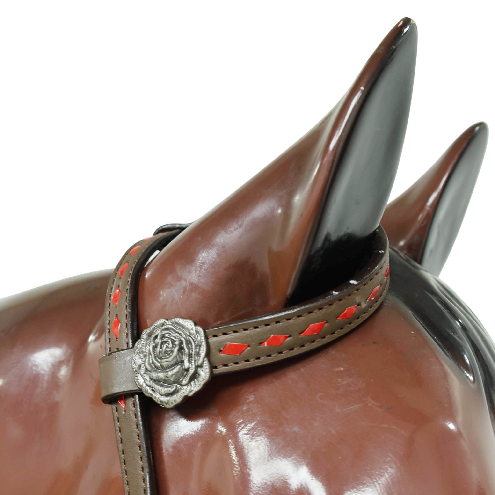 Leather Headstall and Breast Collar Set with Rose Carving, Metallic Leopard Inlay, and Arrow Style Rawhide Braided Breast Collar with Rose Concho MOUSM