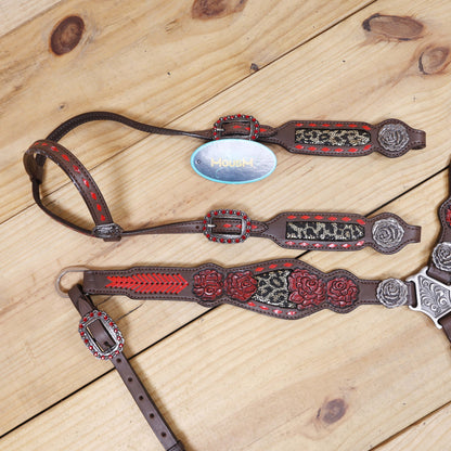 Leather Headstall and Breast Collar Set with Rose Carving, Metallic Leopard Inlay, and Arrow Style Rawhide Braided Breast Collar with Rose Concho MOUSM