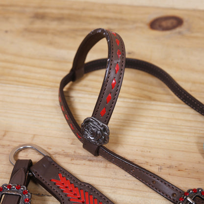 Leather Headstall and Breast Collar Set with Rose Carving, Metallic Leopard Inlay, and Arrow Style Rawhide Braided Breast Collar with Rose Concho MOUSM