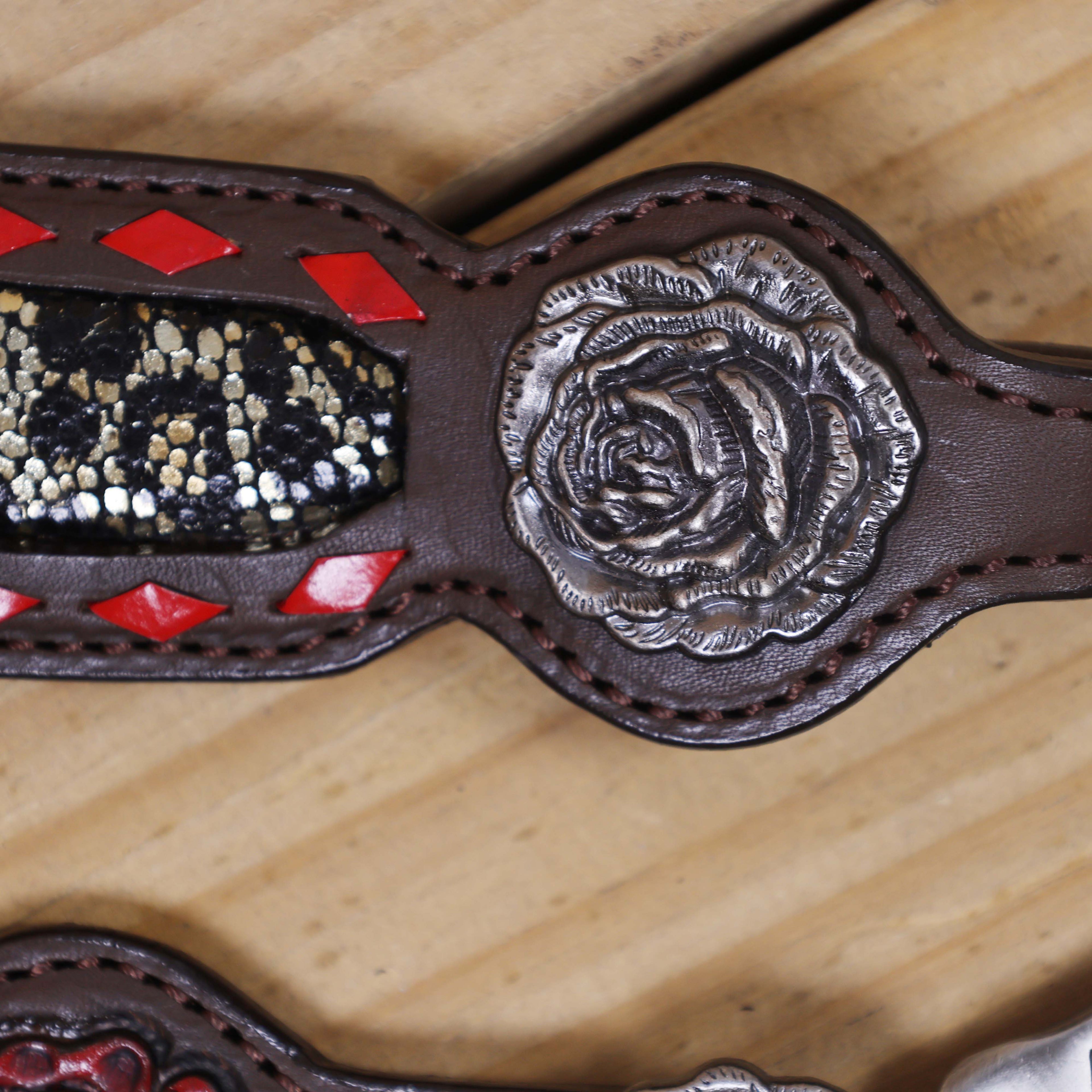 Leather Headstall and Breast Collar Set with Rose Carving, Metallic Leopard Inlay, and Arrow Style Rawhide Braided Breast Collar with Rose Concho MOUSM