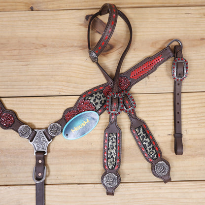 Leather Headstall and Breast Collar Set with Rose Carving, Metallic Leopard Inlay, and Arrow Style Rawhide Braided Breast Collar with Rose Concho MOUSM