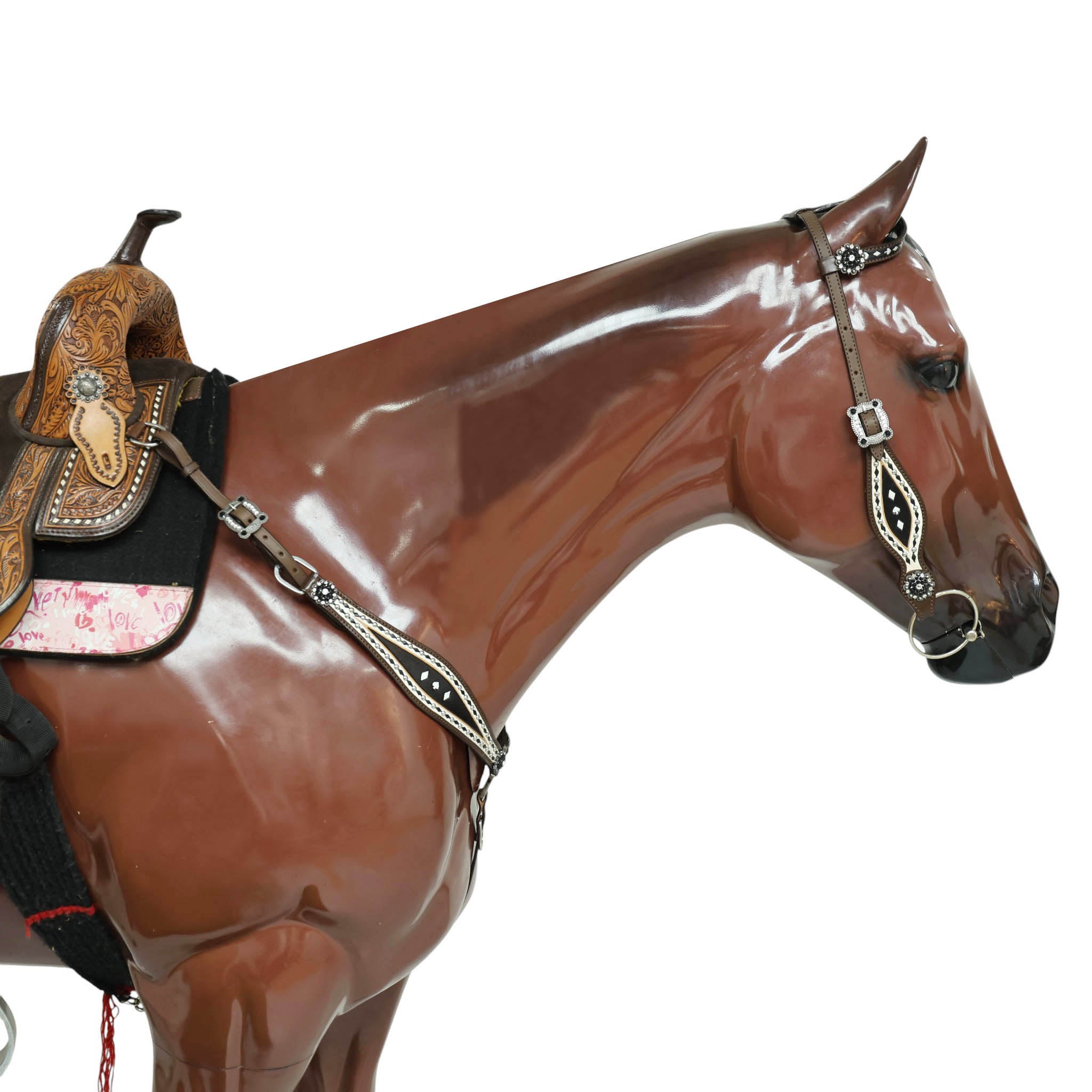 Western Headstall Breast Collar Set Decorated with Black and White Hand Painting, Gamble Symbol Tooling, Silver Studs, and Black Rawhide Braiding MOUSM