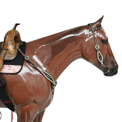 Western Headstall Breast Collar Set Decorated with Black and White Hand Painting, Gamble Symbol Tooling, Silver Studs, and Black Rawhide Braiding MOUSM
