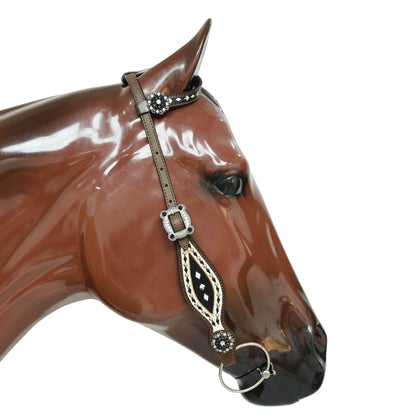Western Headstall Breast Collar Set Decorated with Black and White Hand Painting, Gamble Symbol Tooling, Silver Studs, and Black Rawhide Braiding MOUSM
