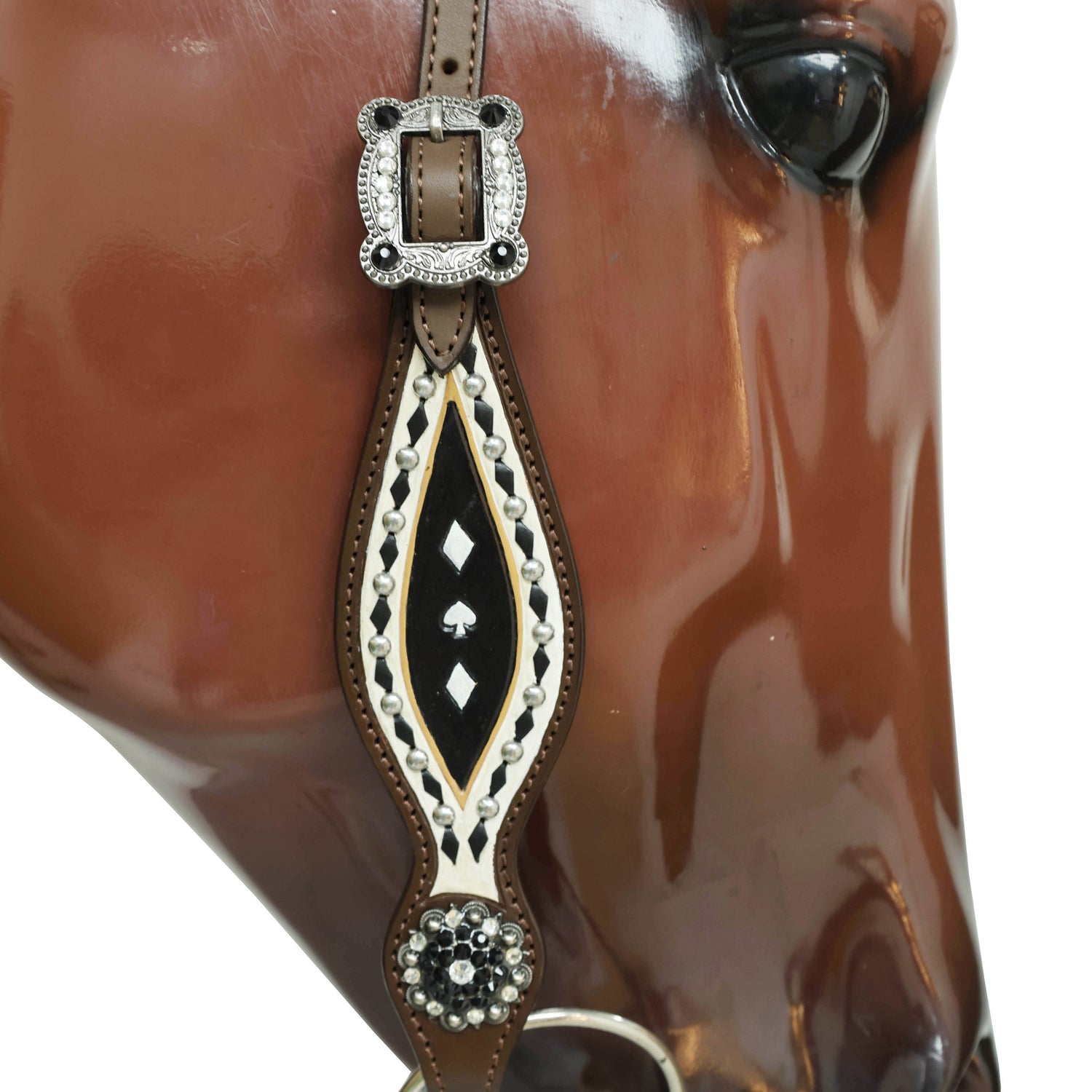 Western Headstall Breast Collar Set Decorated with Black and White Hand Painting, Gamble Symbol Tooling, Silver Studs, and Black Rawhide Braiding MOUSM