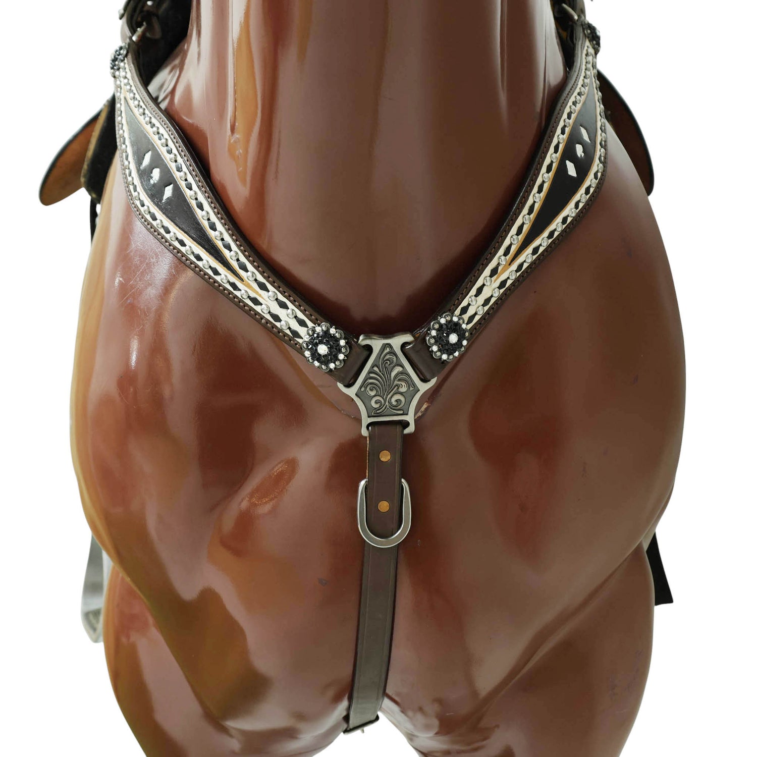 Western Headstall Breast Collar Set Decorated with Black and White Hand Painting, Gamble Symbol Tooling, Silver Studs, and Black Rawhide Braiding MOUSM