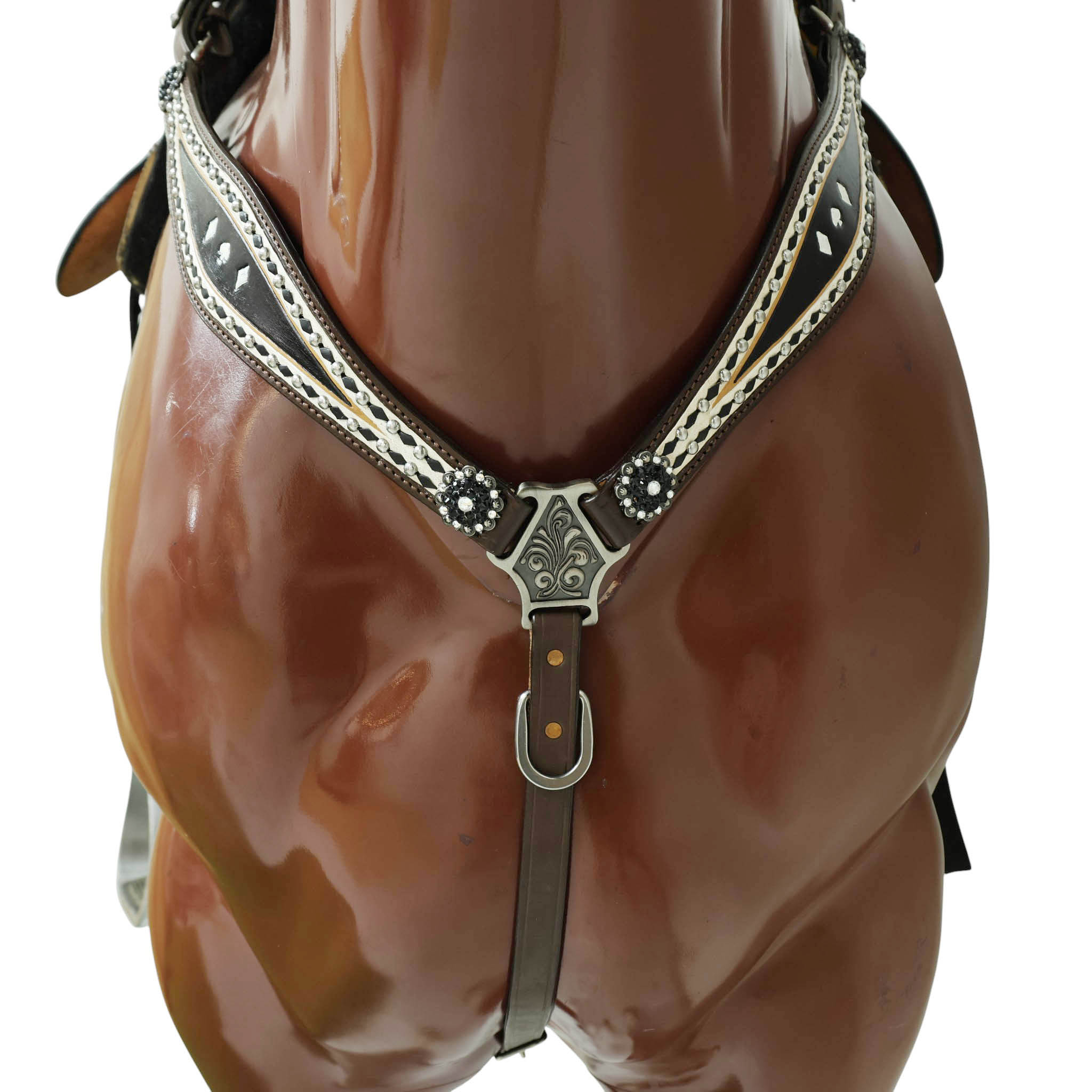 Western Headstall Breast Collar Set Decorated with Black and White Hand Painting, Gamble Symbol Tooling, Silver Studs, and Black Rawhide Braiding MOUSM
