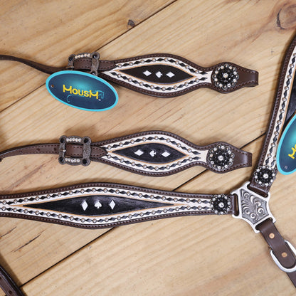 Western Headstall Breast Collar Set Decorated with Black and White Hand Painting, Gamble Symbol Tooling, Silver Studs, and Black Rawhide Braiding MOUSM