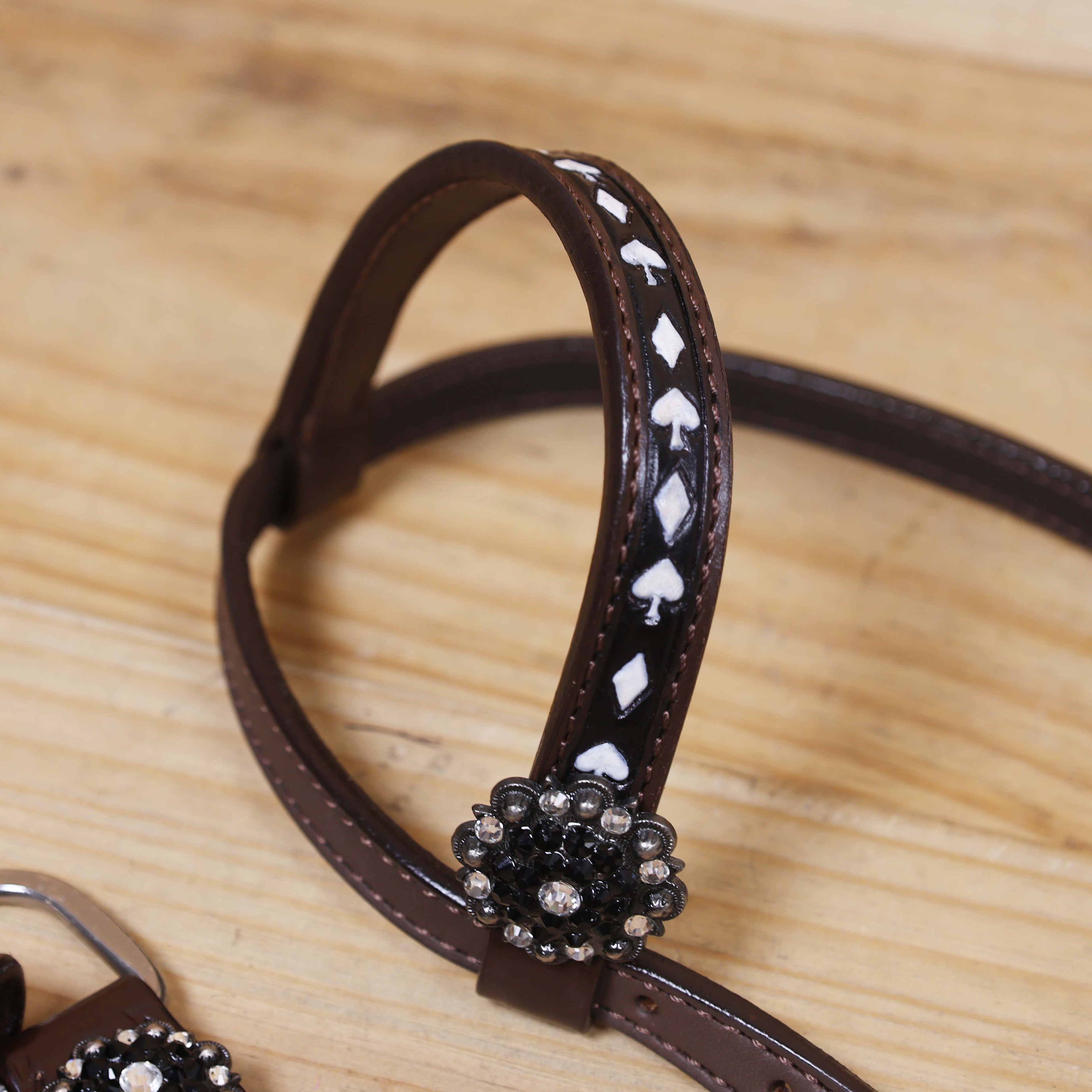 Western Headstall Breast Collar Set Decorated with Black and White Hand Painting, Gamble Symbol Tooling, Silver Studs, and Black Rawhide Braiding MOUSM