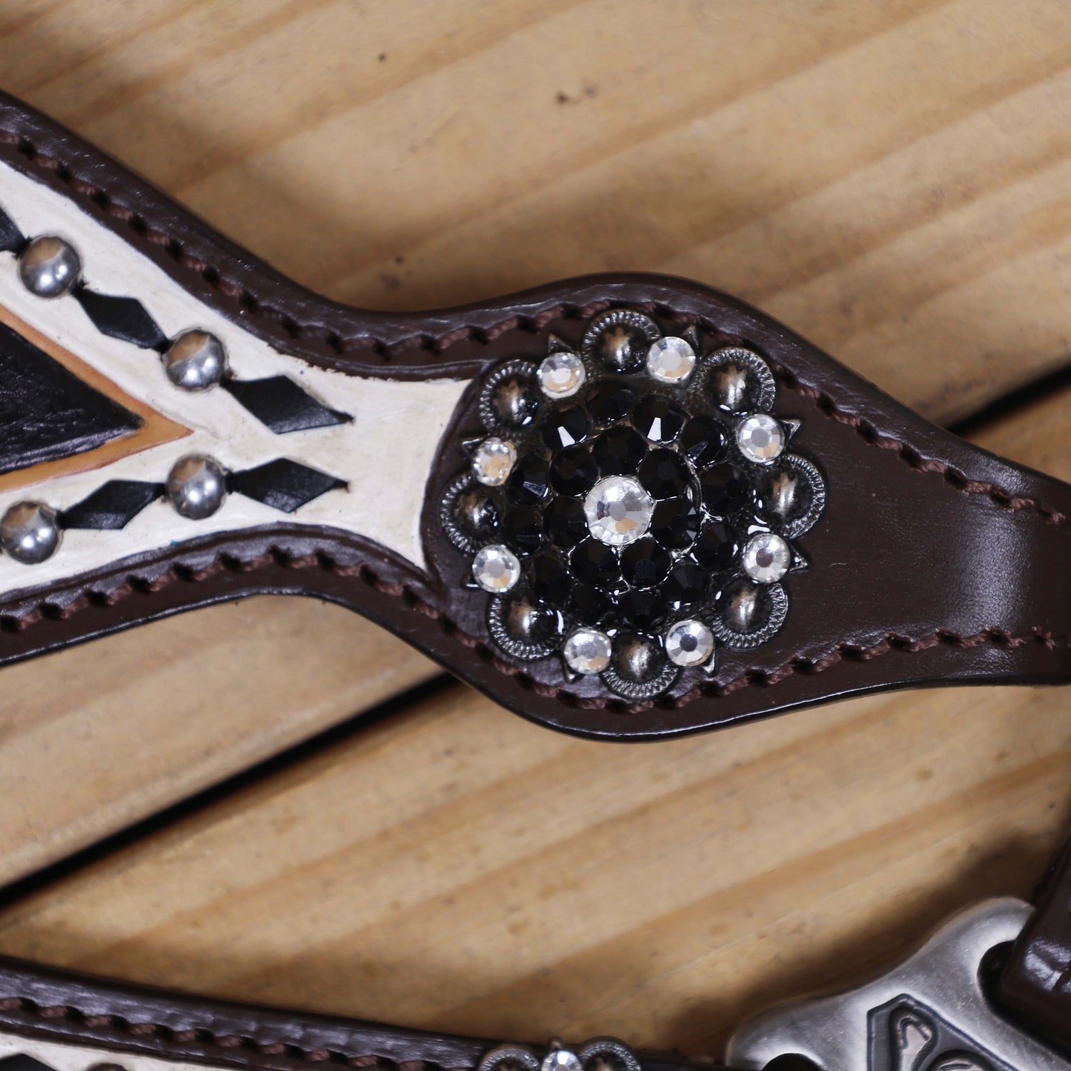 Western Headstall Breast Collar Set Decorated with Black and White Hand Painting, Gamble Symbol Tooling, Silver Studs, and Black Rawhide Braiding MOUSM