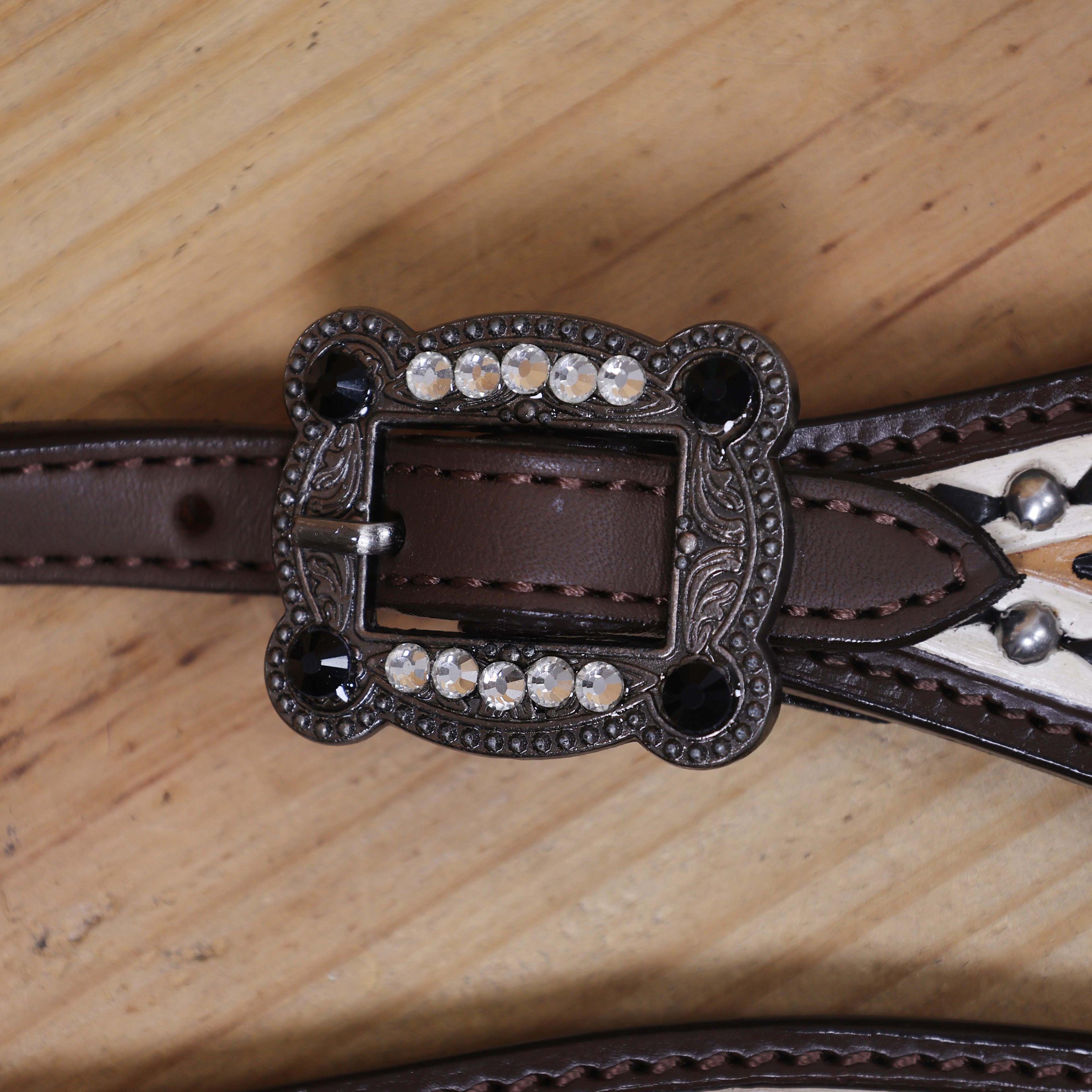 Western Headstall Breast Collar Set Decorated with Black and White Hand Painting, Gamble Symbol Tooling, Silver Studs, and Black Rawhide Braiding MOUSM