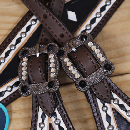 Western Headstall Breast Collar Set Decorated with Black and White Hand Painting, Gamble Symbol Tooling, Silver Studs, and Black Rawhide Braiding MOUSM