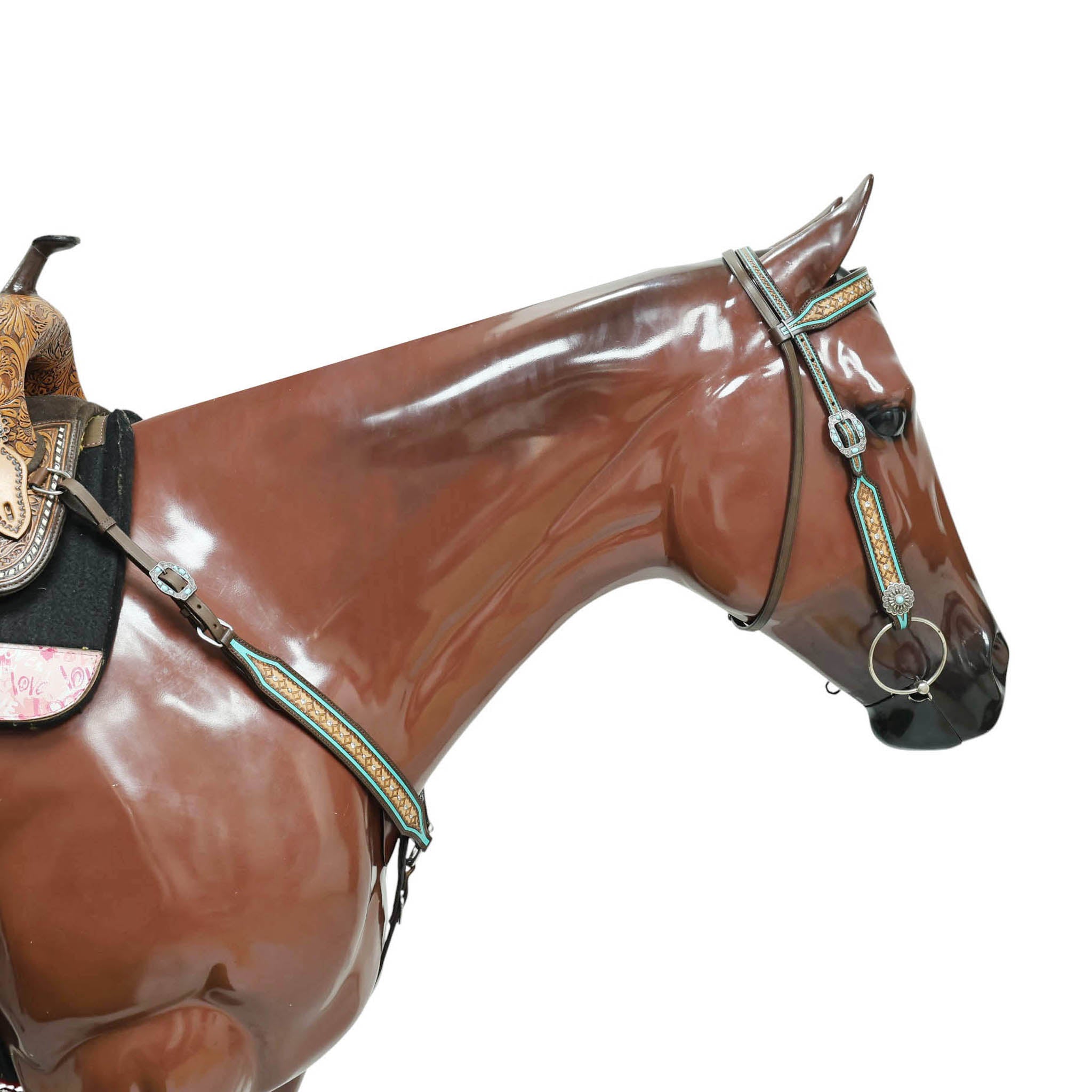 Western Headstall and Breast Collar Set Decorated with Geometrical Border Tooling with White Rhinestones and Silver Studs, and Turquoise Stone Hardware MOUSM