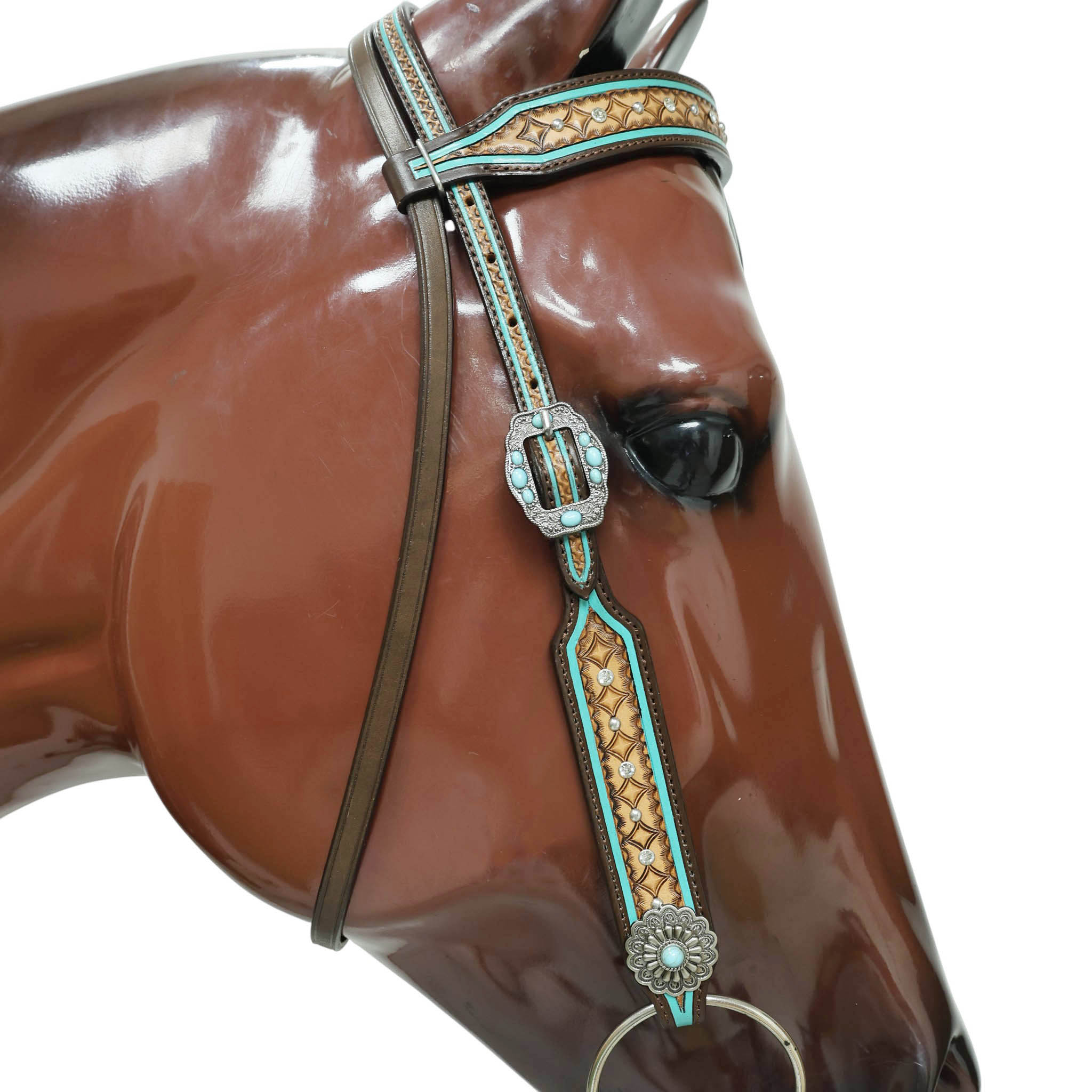 Western Headstall and Breast Collar Set Decorated with Geometrical Border Tooling with White Rhinestones and Silver Studs, and Turquoise Stone Hardware MOUSM
