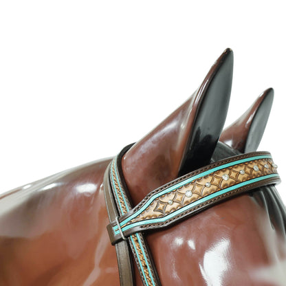 Western Headstall and Breast Collar Set Decorated with Geometrical Border Tooling with White Rhinestones and Silver Studs, and Turquoise Stone Hardware MOUSM