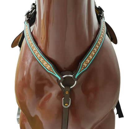Western Headstall and Breast Collar Set Decorated with Geometrical Border Tooling with White Rhinestones and Silver Studs, and Turquoise Stone Hardware MOUSM