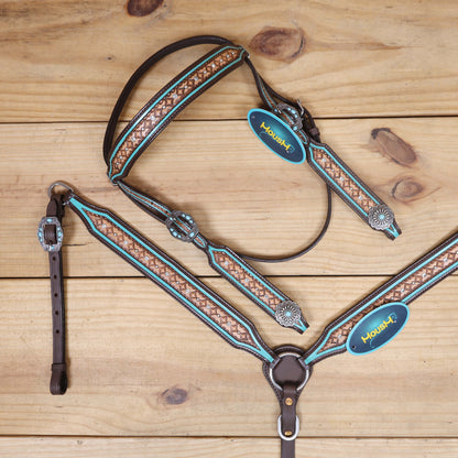 Western Headstall and Breast Collar Set Decorated with Geometrical Border Tooling with White Rhinestones and Silver Studs, and Turquoise Stone Hardware MOUSM