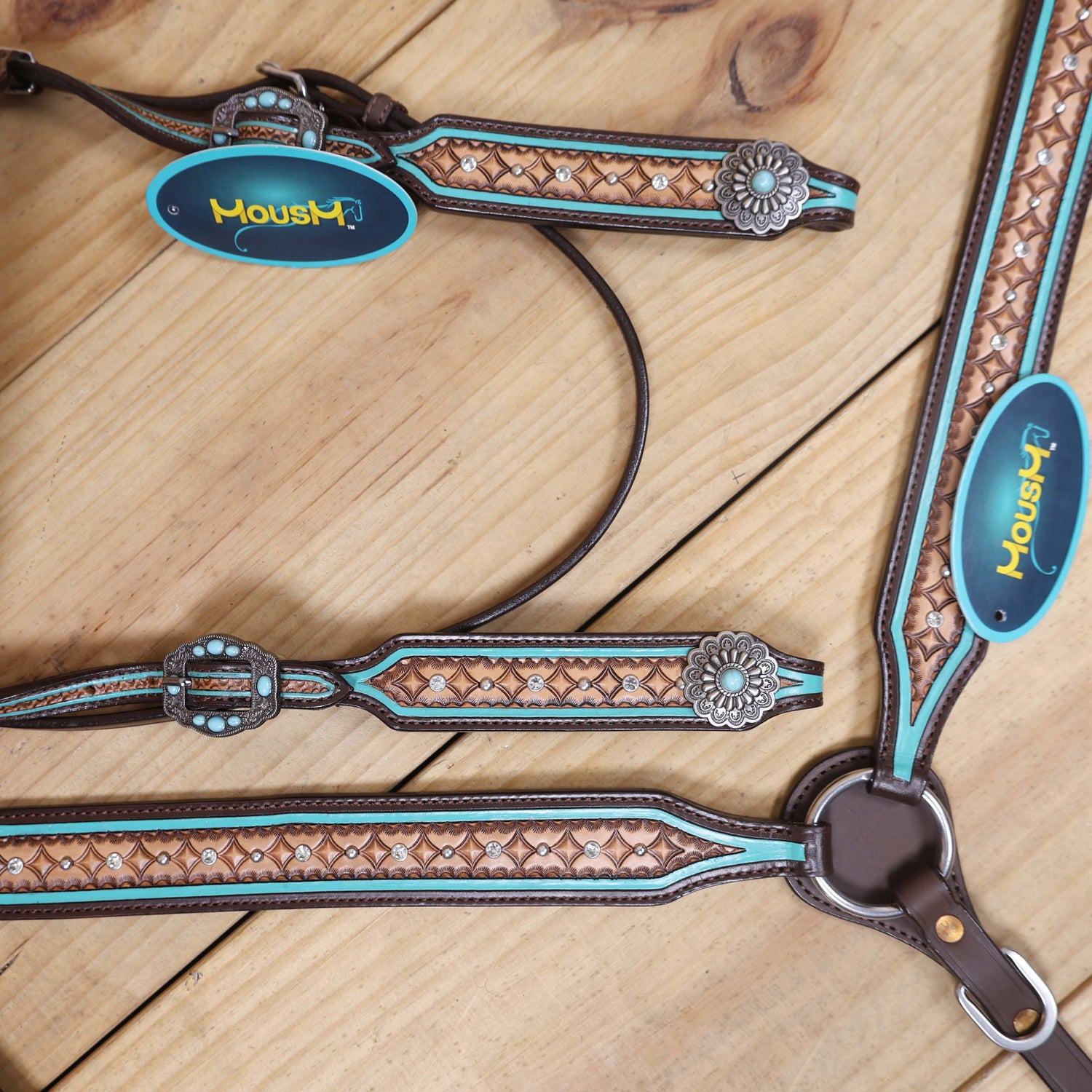 Western Headstall and Breast Collar Set Decorated with Geometrical Border Tooling with White Rhinestones and Silver Studs, and Turquoise Stone Hardware MOUSM