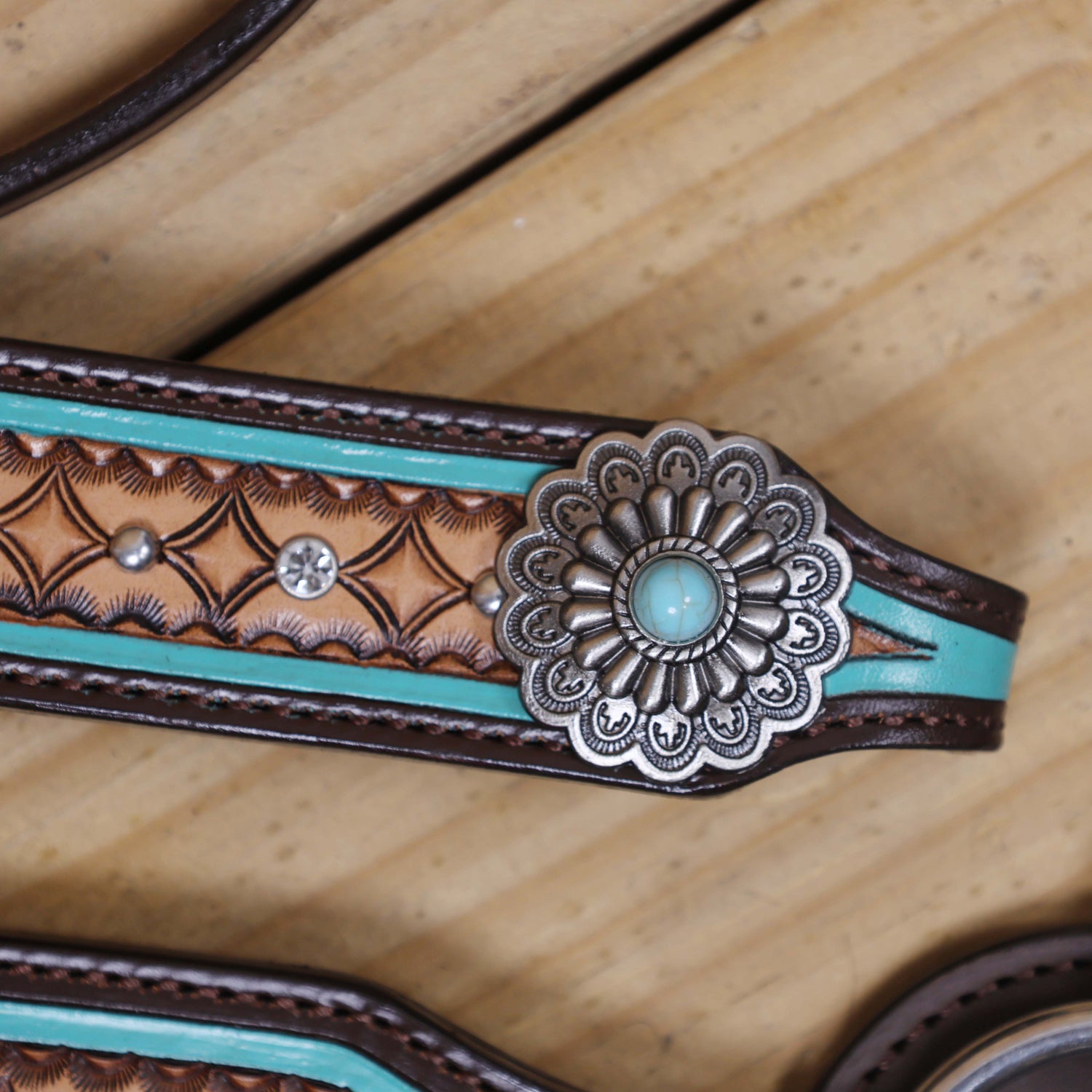 Western Headstall and Breast Collar Set Decorated with Geometrical Border Tooling with White Rhinestones and Silver Studs, and Turquoise Stone Hardware MOUSM