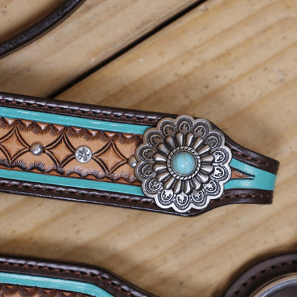Western Headstall and Breast Collar Set Decorated with Geometrical Border Tooling with White Rhinestones and Silver Studs, and Turquoise Stone Hardware MOUSM