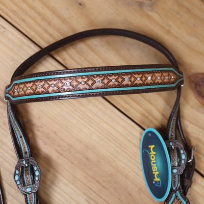 Western Headstall and Breast Collar Set Decorated with Geometrical Border Tooling with White Rhinestones and Silver Studs, and Turquoise Stone Hardware MOUSM